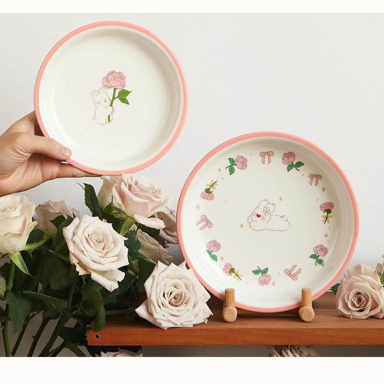 Lotus Blue Rose Bunny Round Plate 6.5 Inch