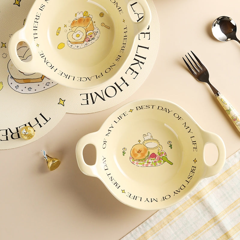 Lotus Blue Bread Bunny Cream Series Double-Handled Plate Bagel