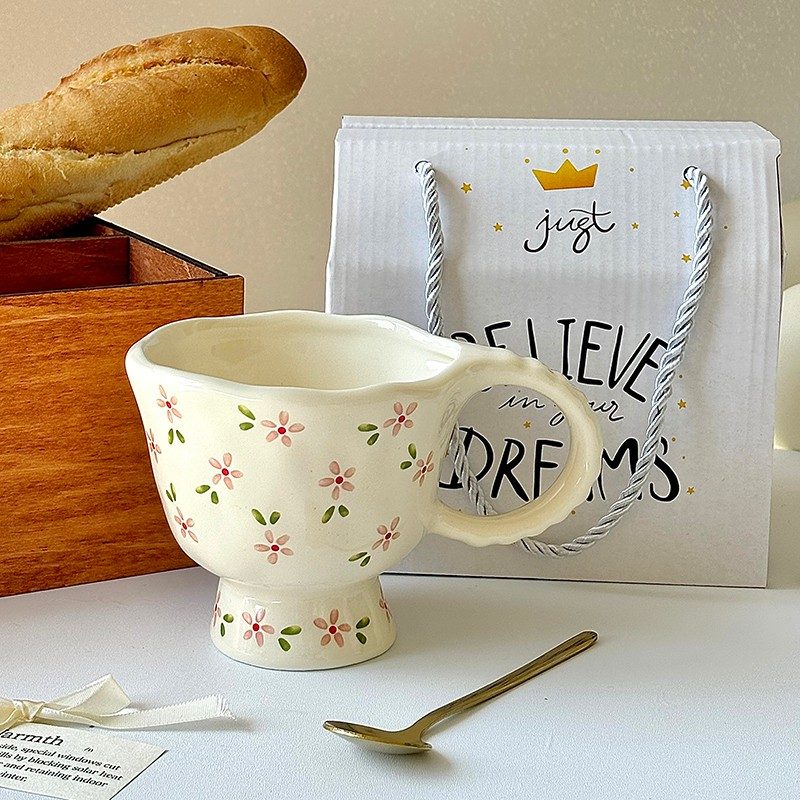 Tall Ceramic Mug Flower Leaves 300ml