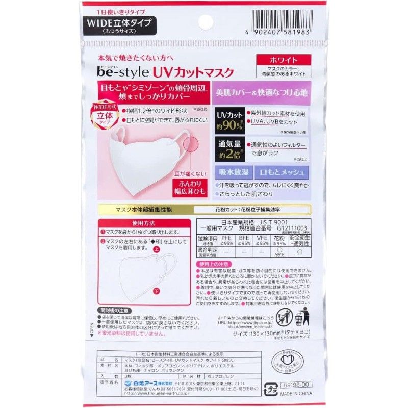 Hakugen Be Style UV Protection Mask Wide 3D Dolly Pink 3pcs