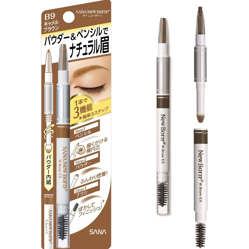 Sana 3 in 1 W Brow EX Eyebrow Pencil with Powder and Brush #B9 Camel Brown