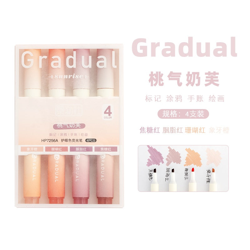 Jiwusha Gradual Monet Color Highlighter Pen Peach Milk Puff 4pcs