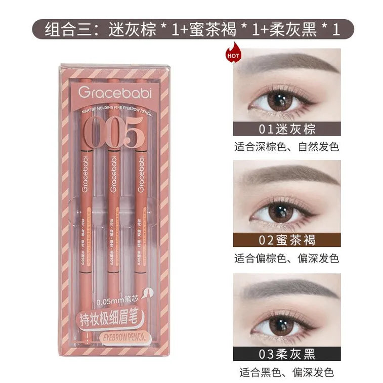 Gracebabi 005 Ultra-Fine Eyebrow Pencil Set (Ash Brown + Gray Black + Honey Brown)
