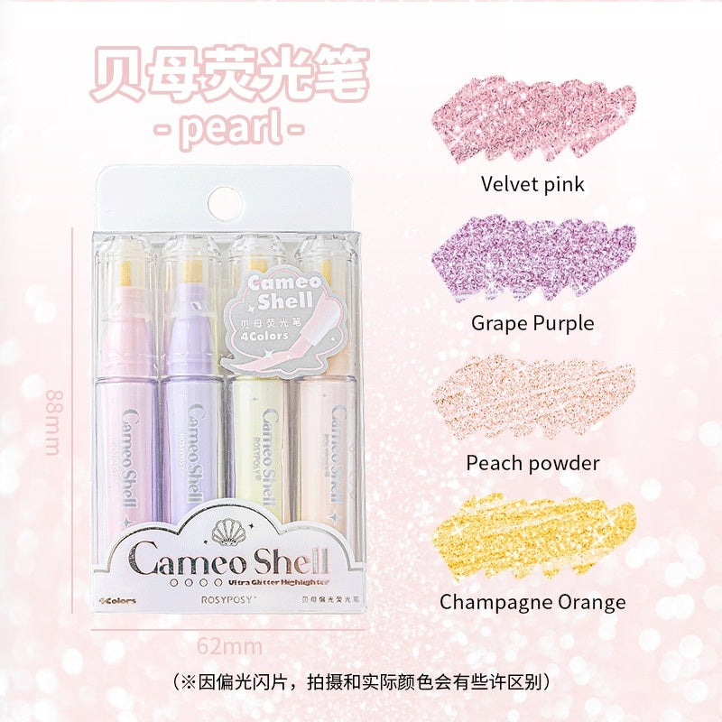 Rosy Posy Cameo Shell Glitter Highlighter Pen Pearl 4pcs