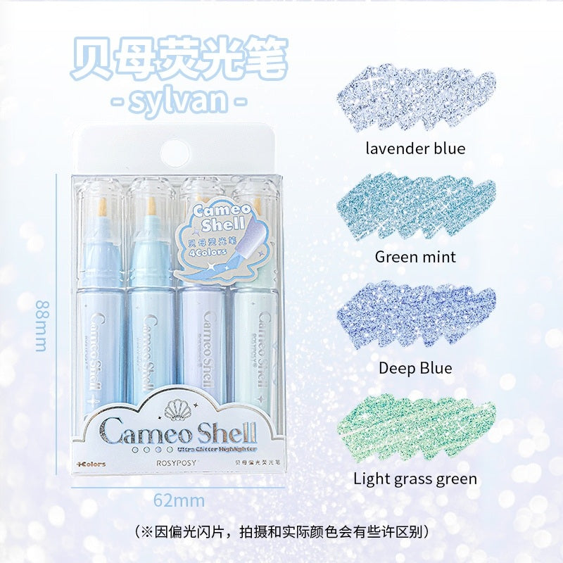 Rosy Posy Cameo Shell Glitter Highlighter Markers 4pcs