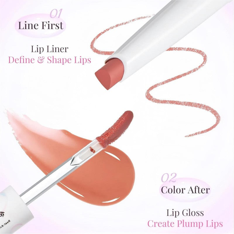 Flortte Rainbow Bubble Dual-Ended Lip Liner Gloss Pen #R01 Apricot Glaze