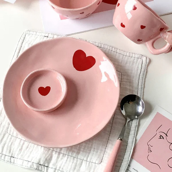 Pink Heart Pattern Ceramic Plate 8 Inch 1pcs
