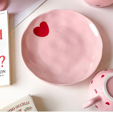 Pink Heart Pattern Ceramic Plate 8 Inch 1pcs