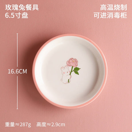 Lotus Blue Rose Bunny Round Plate 6.5 Inch