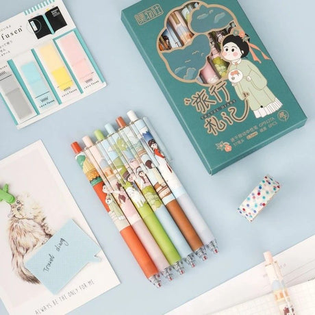 Jiwusha Black Ink Gel Pen Set Travel Diary 6pcs