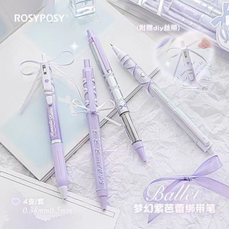 Rosy Posy Soft Ballet Ribbon Strap Gel Pen Purple 4pcs