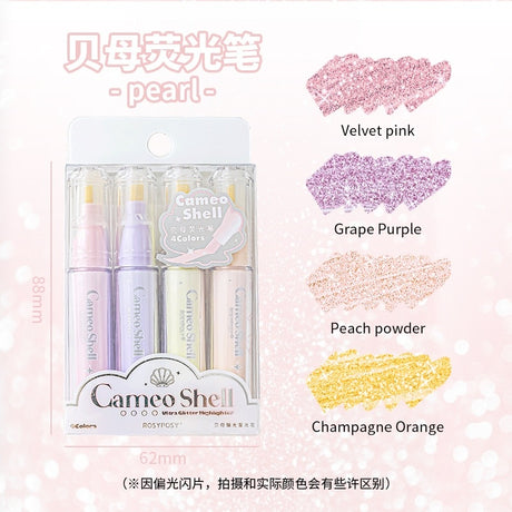 Rosy Posy Cameo Shell Glitter Highlighter Pen Pearl 4pcs