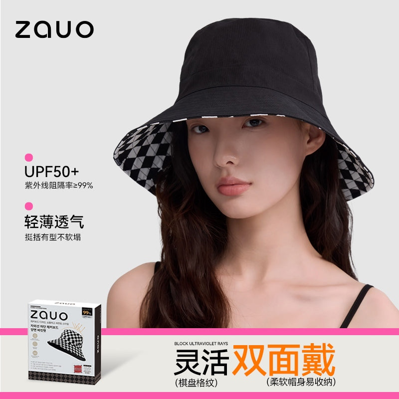 Zauo双面防晒渔夫帽黑白棋盘格子