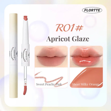 Flortte Rainbow Bubble Dual-Ended Lip Liner Gloss Pen #R01 Apricot Glaze