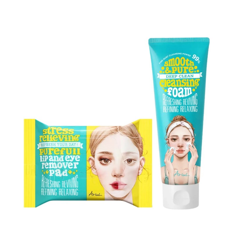 Ariul Smooth & Pure Cleansing Foam 120ml + Lip & Eye Remover Pad 30pcs