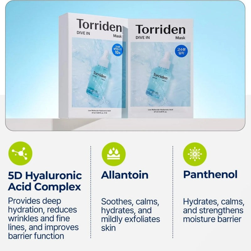 Torriden桃瑞丹低分子5D玻尿酸补水面膜保湿舒缓修护贴 10片