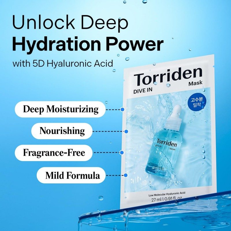 Torriden桃瑞丹水分子玻尿酸补水面膜8片+维他命C亮白面膜2片